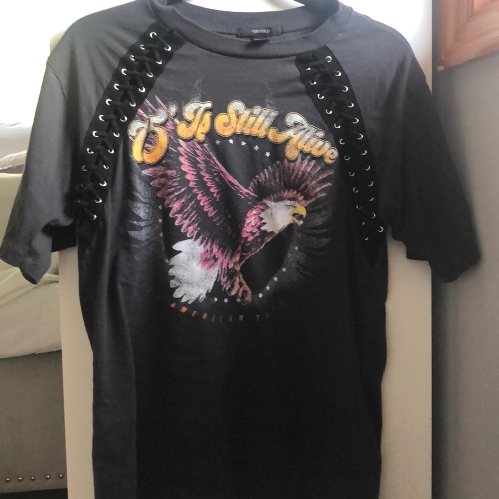 FOREVER 21 LACE UP SHOULDER GRAPHIC T SHIRT